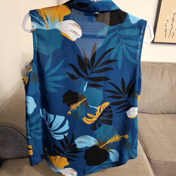 Liz Claiborne Dark Teal Gold Floral Sleeveless Button-Up Blouse Size Large - Picture 6 of 6
